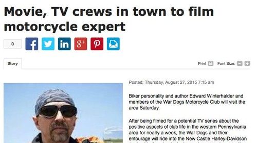 8/29 news article on filming my movie and potential TV series about the positive aspects of motorcycle club life. 