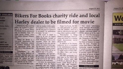 Lansing Michigan newspaper article from last week about my appearance during the 3rd annual Bikers For Books event, and the filming of my movie:
