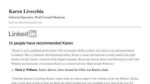 Professional Recommendations - Karen A. Livecchia, Publishing Consultant and Developmental Editor
