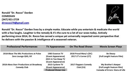 Just a comedian out of NY looking to network & build projects & platforms with other like minded creative artist & companies. Always looking for ways to improve my craft in order to grow as an artist & professional. I'm posting my resume in hopes of landing job opportunities in stand up comedy and or comedy screenwriting. Thanks again for your time & consideration. Have a great day.