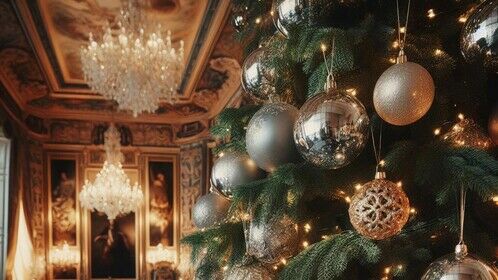 A Christmas tree with big baubles on it standing in a reception room in a mansion in Monaco - an AI generated image based on the text of a screenplay 'Puzzled' by Seraphima Bogomolova.