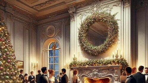 A reception room decorated for Christmas in a mansion in Monaco - an AI generated image based on the text of a screenplay 'Puzzled' by Seraphima Bogomolova.